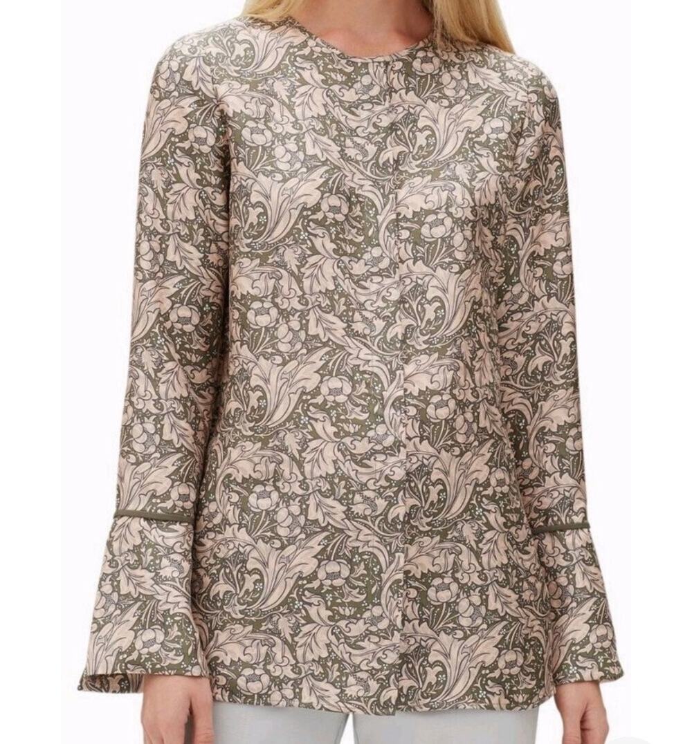 Lafayette 148 NY Dusty Rose & Taupe Floral Silk Bell Sleeve Blouse XS